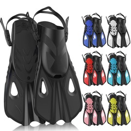 MELUMILU Snorkel Fins, Swim Fins Travel Size Short Adjustable for Snorkeling Diving Adult Men Women Open Heel Swimming Flippers (Black)