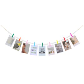 KLOGTSIND Hanging Photo Display Wall Decor, Wooden Bead Garland Collage Picture Frame with 9 Different Random Colors Wood Clips for Boho Bedroom, Living Room, Office, Dorm Decor