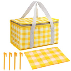 Huakaile Insulated Picnic Baskets 13.8*7.9*7.9 In with Disposable Picnic Blanket 70.9*70.9 In, Portable Waterproof Insulated Bags, Cooler Bags Beach Bags for Hot or Cold Outdoor Activity (Yellow)