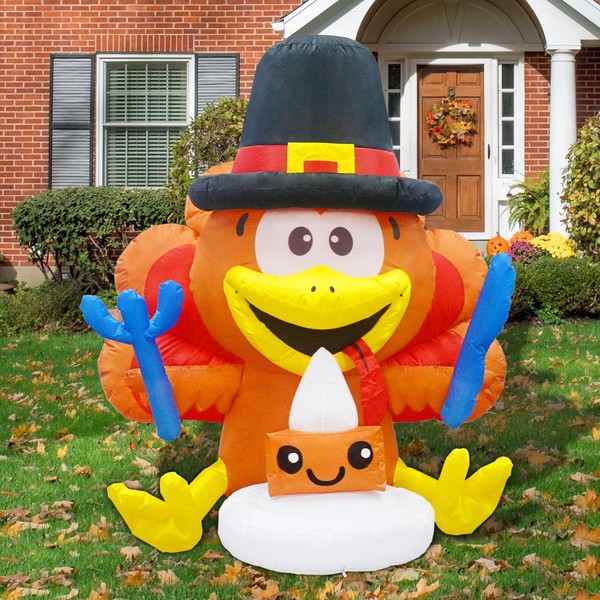 GOOSH 5-Foot-High Thanksgiving Day Inflatables a Turkeys Wearing The Pilgrim Hat with Build-in LED Lights for Indoor Outdoor Yard Lawn Decoration Holiday Blow Up Turkey Party Display