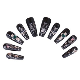 PN-007 Press-On Nails Painted 10 Pieces Reusable False Nails Y2K Gothic Punk Glamour Cross Spider Rhinestones Black