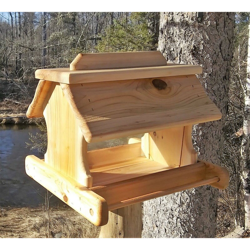 14 Inch Cedar Wood Post Mount Bird Feeder for Outdoors