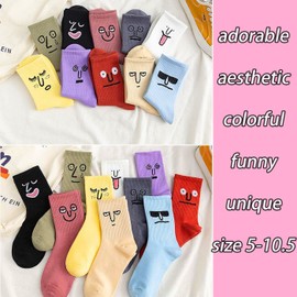 6 Pairs Cute Women Fun Smile Face Ankle Sock Knitted Crazy Novelty Comfy Cotton Girl Dress Smiley Crew Sock Aesthetic (6Pack-Funny Smiling-Black White Green Purple Pink Yellow)