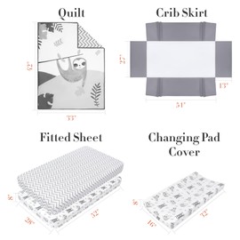 MY LITTLE ZONE Crib Bedding Set Neutral, Forest Nursery Decor, 5pc Baby Bedding Set Includes Baby Comforter, Fitted Sheets, Changing Pad Cover, Crib Skirt, White-Grey Crib Set, Sloth Nursery Bedding