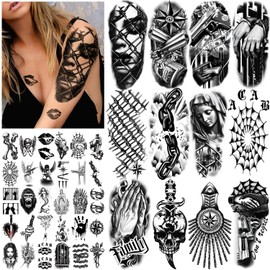 77 Sheets Prisoner Temporary Tattoos Adult Gangster Chains Cholo Web Skull Fake Tattoos, Black Half Sleeve Body Shoulder Tattoo Sticker for Men Women Boys