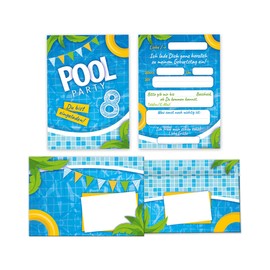 Minkocards 12 Invitation Cards for 8th Children's Birthday Swimming Pool Boys Girls Invitation Eighth Birthday Includes 12 Envelopes, 12 Party Bags / Petrol Blue, 12 Stickers and 12 Bookmarks