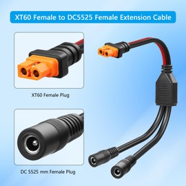CERRXIAN 12AWG XT60I to DC Y Splitter Power Cable XT-60I Female to Dual DC5525 Female for Solar PanelPortable,Drones-1FT