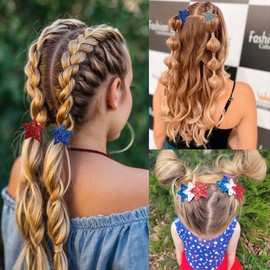 6Pcs 4th of July Hair Clips for Women Red White Blue Star Snap Hair Accessories with Glitter Patriotic Hair Clip Independence Day Flat Hair Barrettes for Holiday Party Hair Decoration