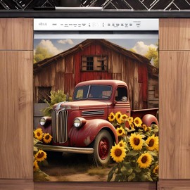 Farm Red Truck Dishwasher Magnet Cover Country Refrigerator Sticker for Kitchen Decor, Farmhouse Sunflower Magnetic Dishwasher Cover Panel, Reusable and Removable (23" W x 26" H Magnetic)