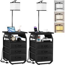 runjuly Floor Lamp with Table Set of 2, End Tables with Lamps Attached 3-Color Temperature Bulb, Side Table with Lamp with 3 Drawers & Charging, Lamps Tables Combo for Bedroom, Dorm - Black