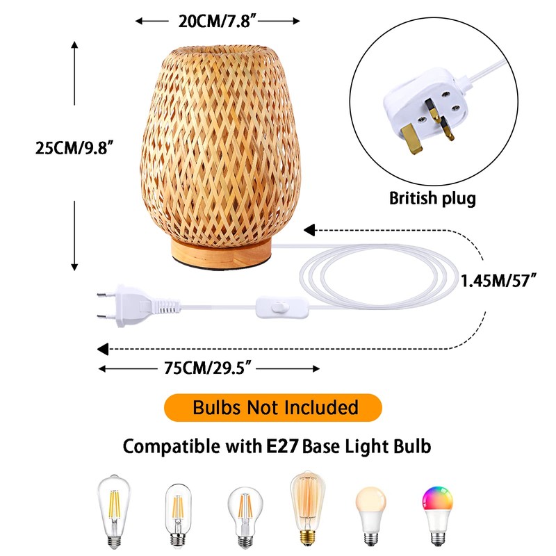 Schindora Handmade Boho Bamboo Small Table Lamp Willow Woven Desk