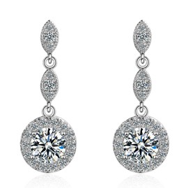 14K Gold Long Dangle Earrings with Round Moissanite, Roound Cut Moissanite Dangle Earrings, Ideal for Stylish Everyday Wear (White Gold, 14K)