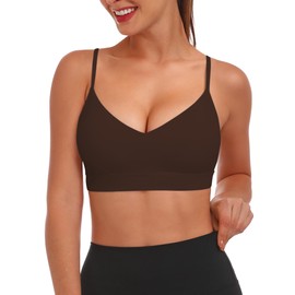 Buauty V Neck Sports Bra for Women, Padded Push up Women's Sport Bras Adjustable Thin Straps, Light Support Yoga Camisole Basic Top, Low Impact Spaghetti Strap Sport Racerback Bras Brown L