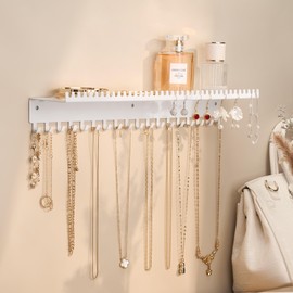 Josmimic Necklace Holder Wall Hanging Organizer: Wall Mounted Jewelry Shelf with 56 Hooks and Tray, Display Hanger for Kids, Girls and Women, White & Metal