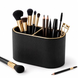 GORESE Makeup Brush Holder,Makeup Organiser Vanity Organiser PU Leather Cosmetics Organiser Make Up Storage Stationary Organisers Beauty Box Grooming Storage for Bathroom Vanity Countertop(Black)