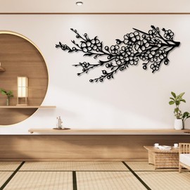 Cherry Blossom Branch Metal Wall Art, Metal Tree Wall Decor, Metal Flowers Wall Decor, Japanese Wall Art, Floral Wall Art, Branch Wall Decor, Modern Japanese Tree Art, Living Room Wall Hangings (Black, 29"x 13"| 76x34cm )