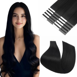 Silk-co Double Stitched Tape Extensions Real Hair Pack of 20, Tape-In Extensions Real Hair 50 g, Invisible Real Hair Extensions Tape, Hair Extensions Real Hair #01 Raven Black, 40 cm