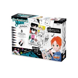 Buki Professional Studio Manga Drawing Kit - Manga Book with 8 Alcohol Based Markers – 25 Detachable Sheets - 15 Colouring Pages & 10 Blank, Pencil, Eraser, Stencils & Stickers, Teen Colouring