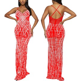 Zoctuo Sequin Evening Gowns for Women Formal Elegant,Galas & Charity Balls,New Year's Eve,Anniversary, Mermaid Dress with Rhinestone Beaded Bodice, High Slit, Spaghetti Straps(Red,M,L6689)