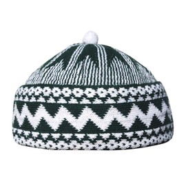 Kids Size - Dark Green Zigzag Design Muslim Beanie Kufi Hat Crown w/White Ball