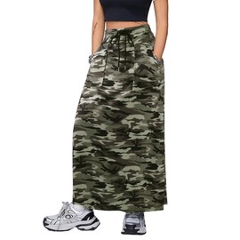 SOFIA'S CHOICE Women's Drawstring Maxi Skirt with Pockets High Waist A Line Long Skirts Camo Green X-Large