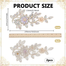 FINGERINSPIRE 1Pair Embroidered Beaded Pearl Flower Appliques Sew on Floral Beaded Rhinestone Patch Handmade Flower Fabric Rhinestones Applique for Wedding Dress Decoration Dress Clothes Accessory