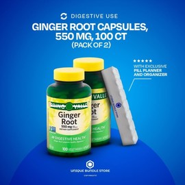 Unique Bundle Store Ginger Root 550mg, 100 Vegetarian Capsules - Organic Supplement, Non-GMO Ginger Pills for Digestive Support + 7 Day Pill Organizer Included (Pack of 2)