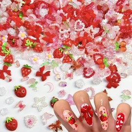100pcs 3D Pink Red Strawberry Flower Nail Charms Cherry Rose Camellia Butterfly Nail Art Charms Resin Accessories Flatback Charms for Nails Design Moon Star Nail Jewels for Women Nail Art Supplies