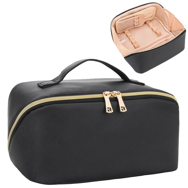 Relavel Travel Makeup Bag Cosmetic Bags Organizer Case Large Capacity for Women and Girls, Open Flat Waterproof Toiletry Bag Cute Pouch with Handle & Brush Compartment (Black)