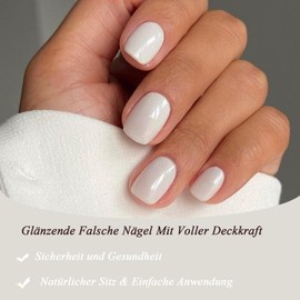 Pack of 24 White Press on Nails Short, Square Nails for Sticking, Pure White Plain False Nails, Shiny Artificial Fingernails for Sticking with Full Coverage, Fake Nail for Women