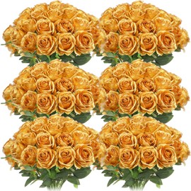 50 Pcs Artificial Rose Flower Realistic Silk Roses with Stem Bouquet of Flowers Plastic Flowers Real Looking Fake Roses for Home Wedding Centerpieces Party Decorations (Gold)