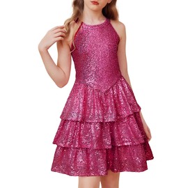 Girls Party Special Occasion Birthday Fancy Dress Size 5-6 Kids Formal Hot Pink Halter Neck Layer Dance Sequin Dresses