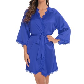 Aranmei Satin Dressing Gown for Women Lace Kimono Robe Lightweight Silk Bridesmaid Bride Bathrobe with Oblique V Neck, Blue, L