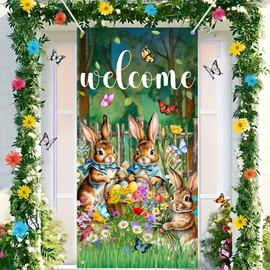 Easter Door Cover Decoration, Easter Bunny Welcome Door Porch Sign Banner for Spring Easter Holiday Party Decorations Supplies Backdrop Indoor Outdoor Decor 35.4 x 70.8 Inches (Spring 3)