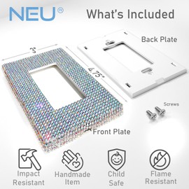 NEU Screwless AB Color Bling Rhinestones Shiny Mid-Size Decorator Wall Plates Outlet Cover, 1 Gang for Light Switch, Sensor, GFCI