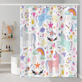 Umpoo Dino Shower Curtains for Girly Bathroom Decor Funny Fairy Cartoon Fantasy Colorful Animal Rainbow Cloud Heart Shower Curtain Durable Machine Washable Waterproof Fabric, 72x72 Inch