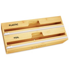 SpaceAid WrapNeat 2 in 1 Wrap Organizer with Cutter and Labels, Plastic Wrap, Aluminum Foil and Wax Bamboo Dispenser for Kitchen Storage Organization Holder for 12" Roll (Natural, 2-Slot) | SpaceAid