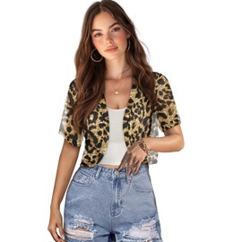 Quidrwyo Gold Leopard Print Women's Shrug Short Sleeve Bolero Sheer Open Front Knit Lightweight Cropped Cardigan Sweaters Thin Short Shawl Tops