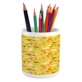 Lunarable Childish Pencil Pen Holder, Easter Eggs in Baskets with Bunnies Flowers and Leaves Pattern, Ceramic Pencil Holder for Desk Office Accessory, 3.6" X 3.2", Earth Yellow and Multicolor