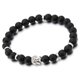 COOLSTEELANDBEYOND Matt Black Onyx Mens Boys Stretchable Bead Bracelet with Buddha Charm, Tibetan Buddhist Prayer Mala