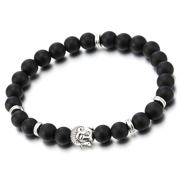 COOLSTEELANDBEYOND Matt Black Onyx Mens Boys Stretchable Bead Bracelet with