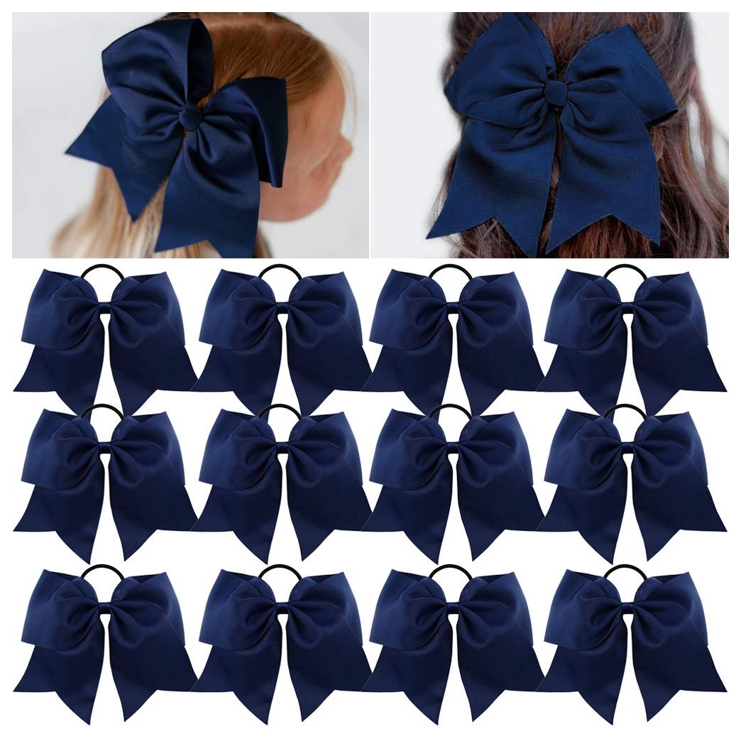 Large Cheer Bows Ponytail Holder Girls Elastic Hair Ties 8" 12PCS Navy Blue Hair Accessories for Teens Women Girls Softball Competition Sports Cheerleaders