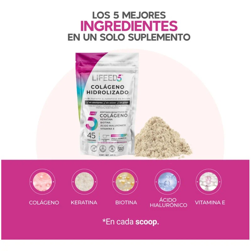 Colágeno Hidrolizado Polvo Biotina Keratina Ácido Hialurónico Porciones Lifeed5