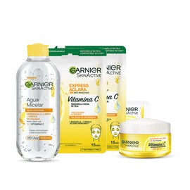 Garnier Skin Active Kit express aclara: 1 crema hidratante tono uniforme +1 agua micelar tono uniforme + 2 mascarillas en tela tono uniforme