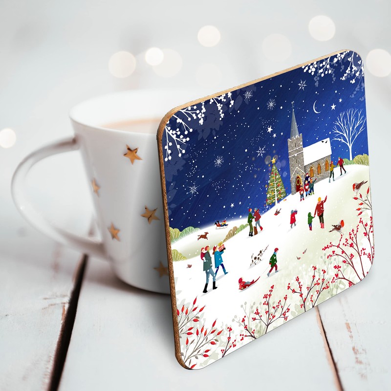 Christmas Coasters, Pack of 6 cork coasters - Snowy Church.