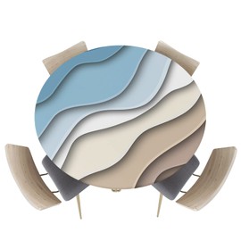 Blue Brown Gradient Wave Fitted Tablecloth for Round Table,Ocean Beach Table Cover with Elastic Edge Waterproof Table Cloth,Modern Abstract Minimalist Art Circle Table Covers for Kitchen 55-60in