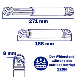 2 x Shock Absorbers Washing Machine 04500820 04500826 06200778 Suitable for Bosch for Siemens Whirlpool for Miele Vibration Damper Washing Machine Diameter 8 mm 120N Warranty 10 Years Monteral