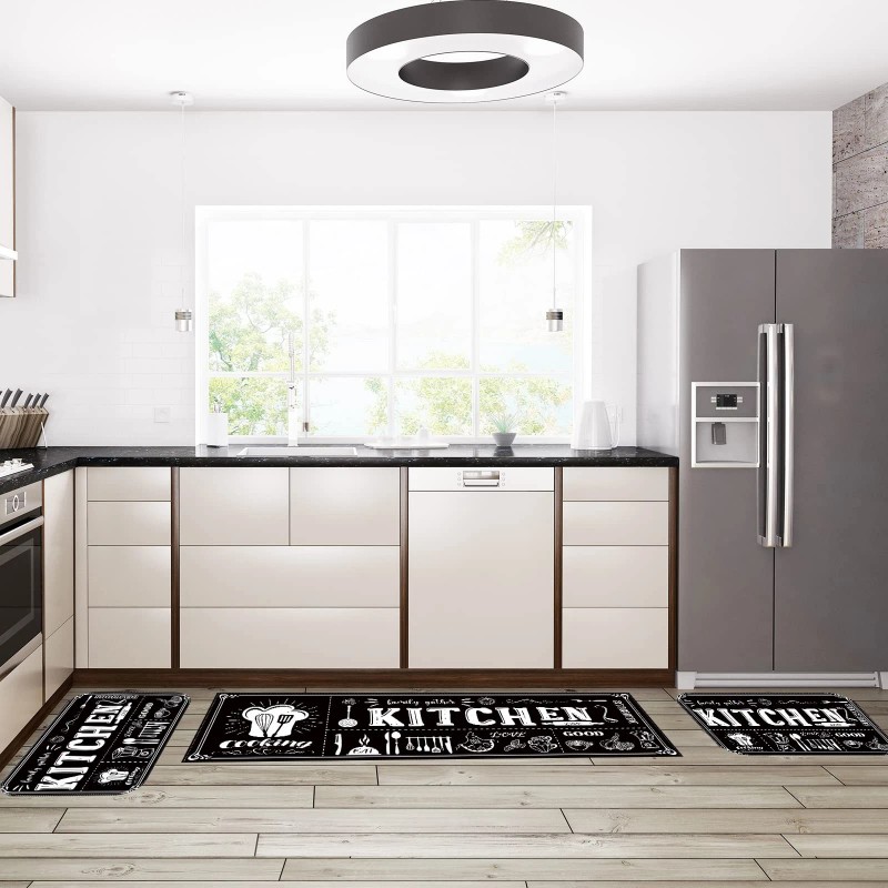 Sinmoe 3 Pcs Kitchen Rug Set Non Skid Thick Black
