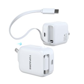 TOPADRE 30W Fast Charger Type-C Retractable Type C Charger [Industry Super Mini, Super Lightweight, Foldable Plug, PSE Certified] Type-C Outlet 2 Ports Cable - Body PD/QC3.0/PPS Standard Compatible