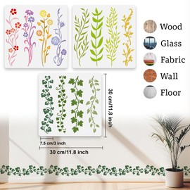 DOODLREAM 12 Pattern Leaf Vine Flower Wall Stencil Templates 30 x 30cm Reusable Plastic Leaves Floral Stencils for Painting on Wood Wall Floor Fabric Glass Furniture, Vine DIY Home Decor Stencil